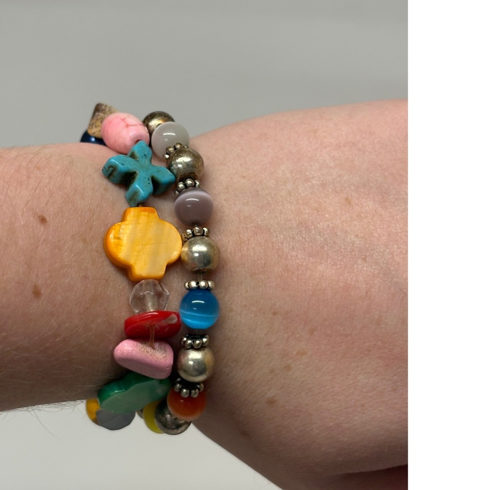 Multicolor Beaded Stretch Bracelet Set 2pc Eclectic Boho Star Flower